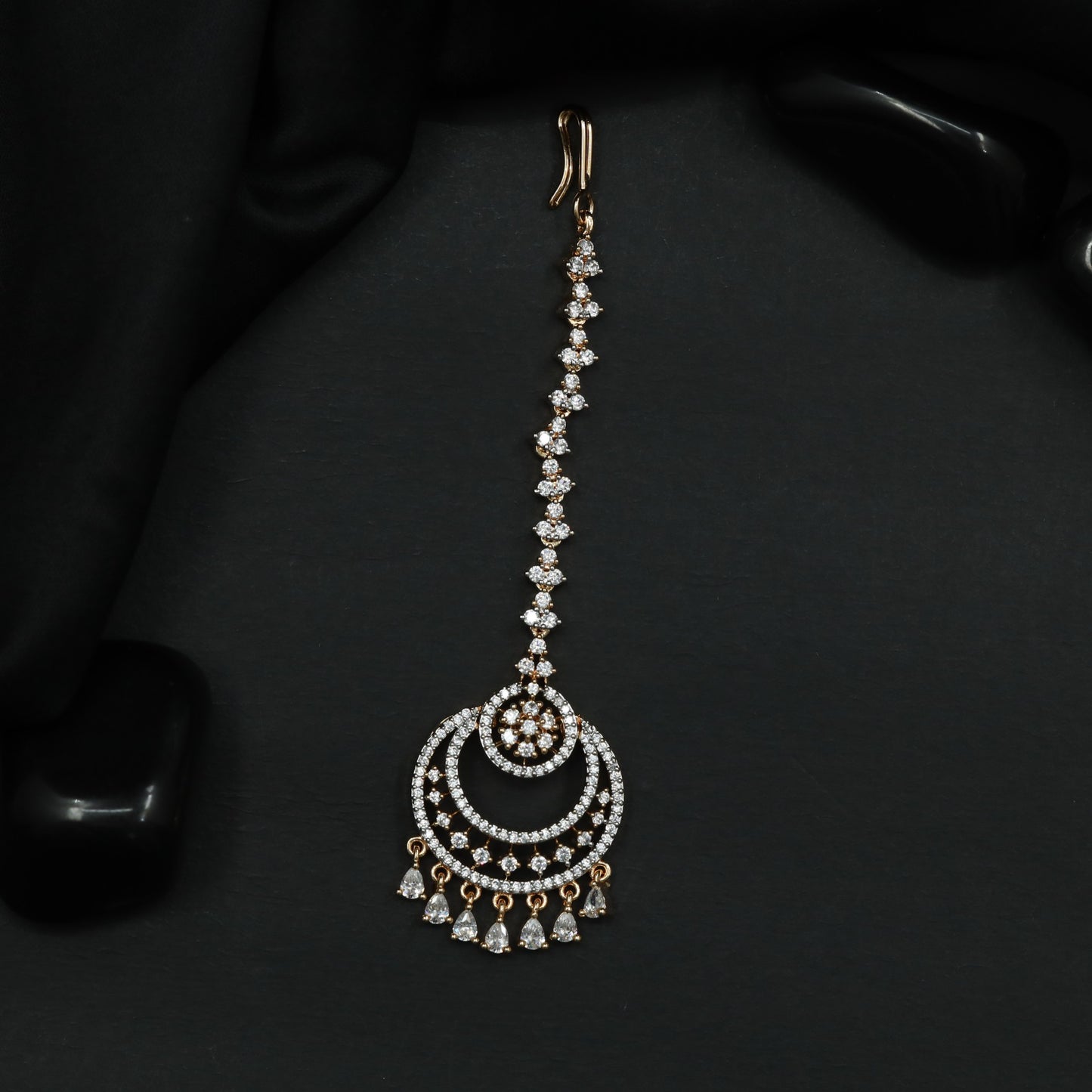 Radiant Rhodium Tikka with Circular Openwork Pendant and Cascading Drops