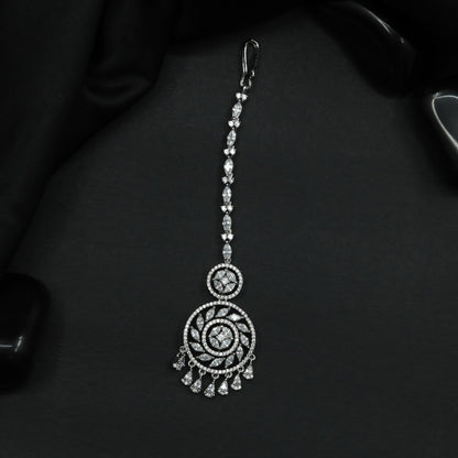 Radiant Rhodium Tikka with Circular Openwork Pendant and Cascading Drops