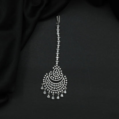 Rhodium Tikka Featuring Ornamental Crescent Pattern and Fringe Drops