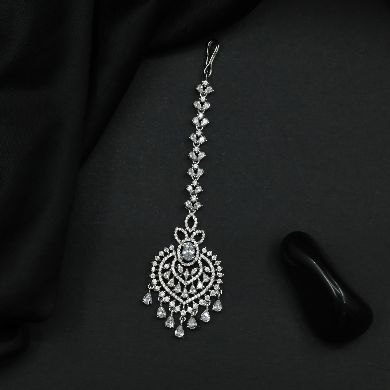 Rhodium Tikka with Floral Crest and Openwork Pendant Design