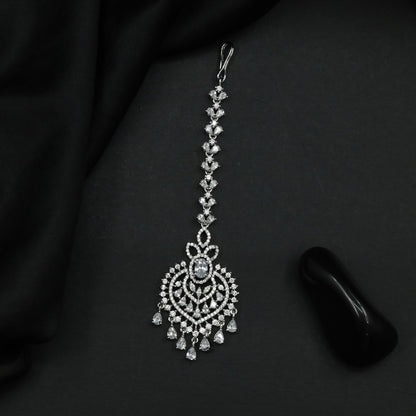 Rhodium Tikka with Floral Crest and Openwork Pendant Design