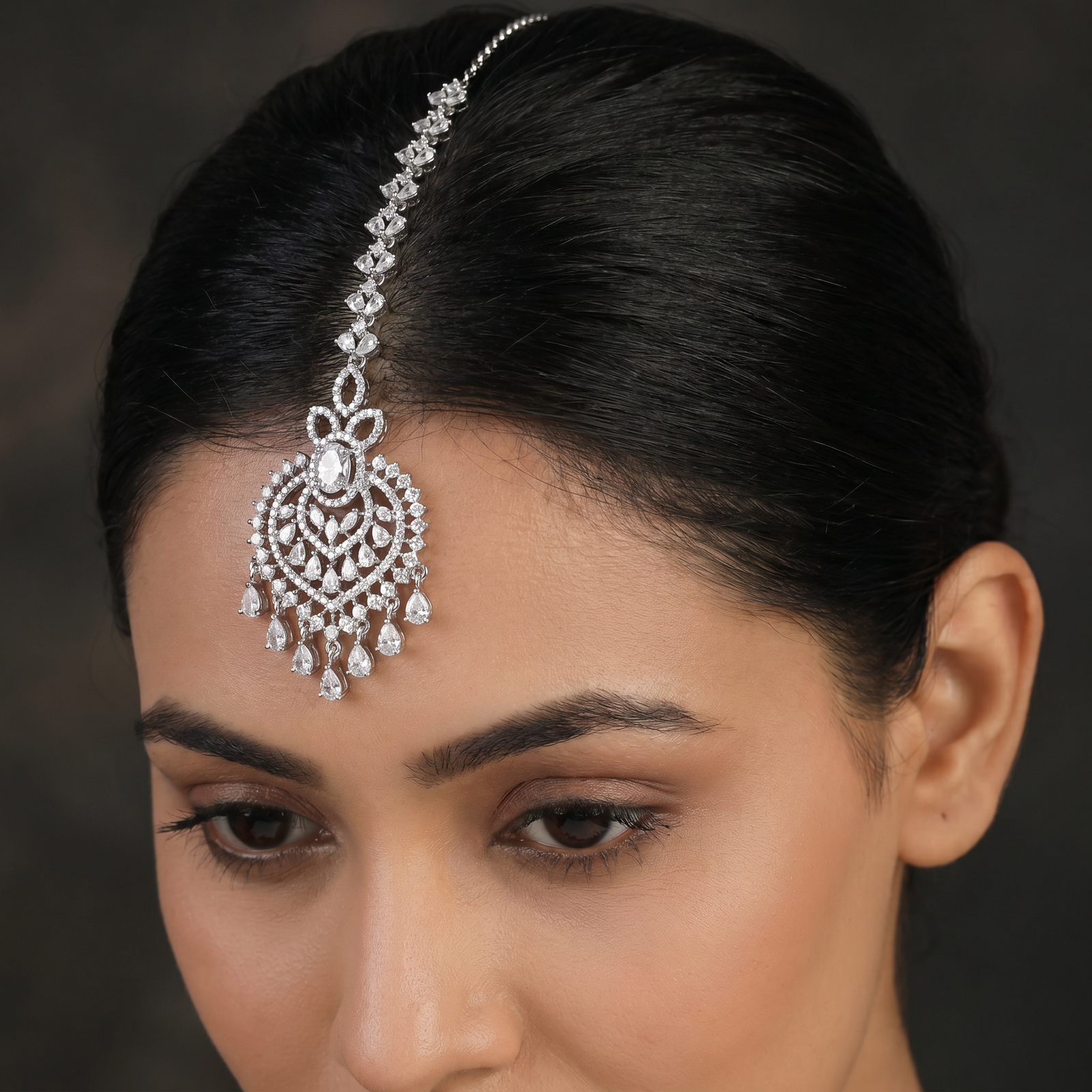Rhodium Tikka with Floral Crest and Openwork Pendant Design