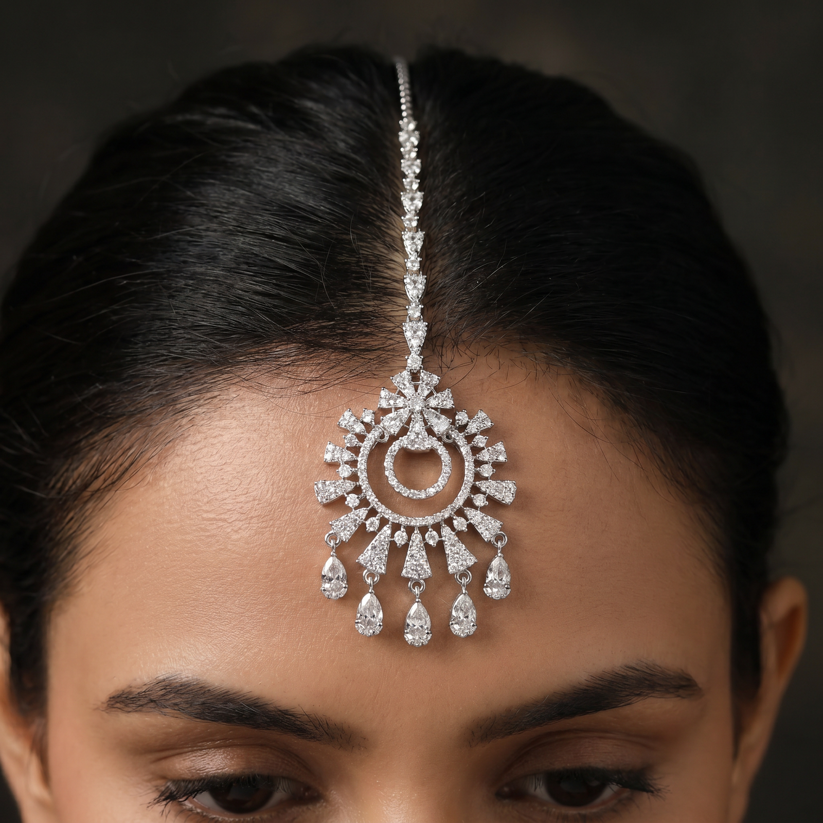 Contemporary Rhodium Tikka with Radiating Fringe Detailing