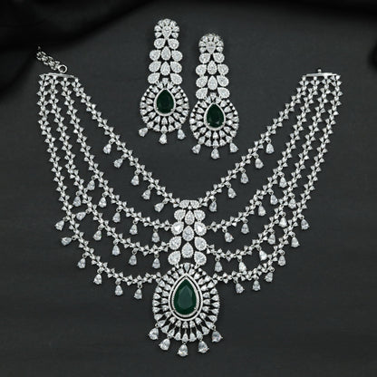 Rhodium Necklace with Layered Drape Pattern and Pendant Accent
