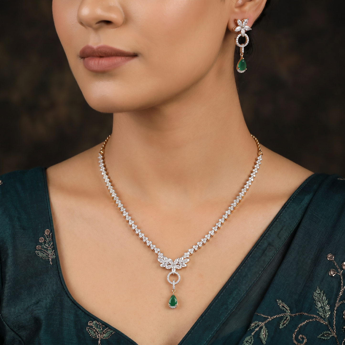 Floral Cluster Necklace with Decorative Center Drop Accent