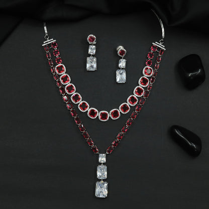 Rhodium Necklace with Double Layer Geometric Link Design