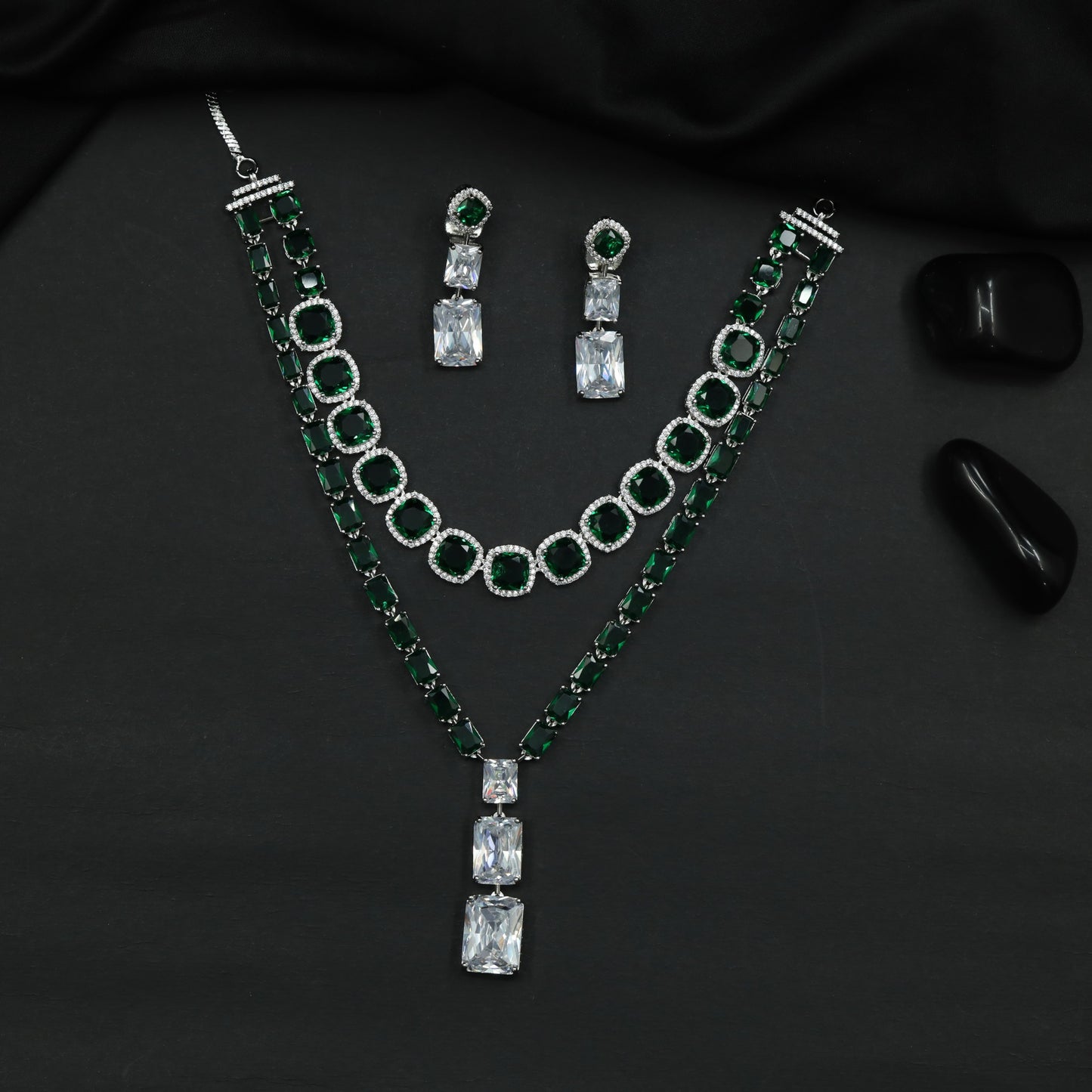 Rhodium Necklace with Double Layer Geometric Link Design