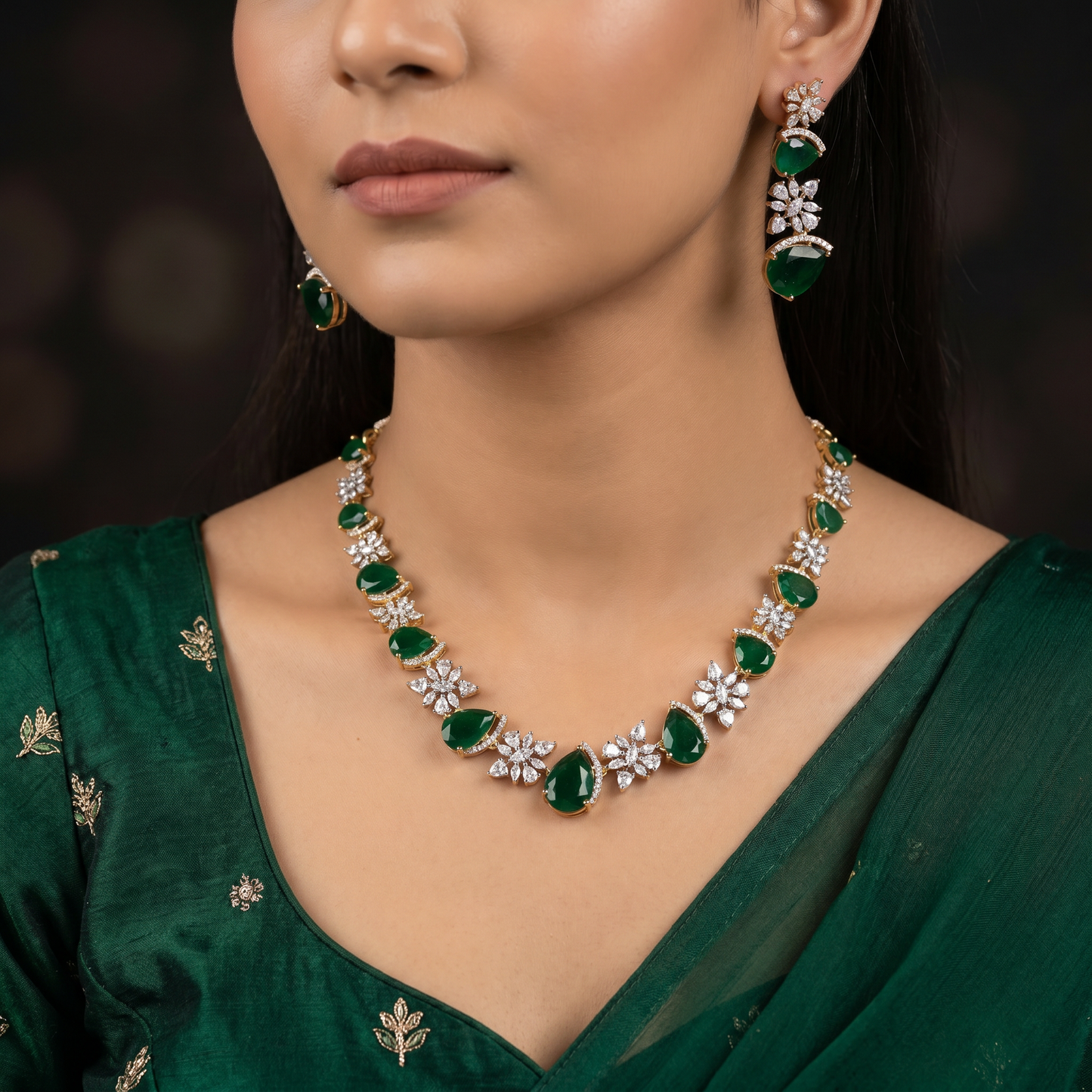 Necklace Featuring Alternating Floral Clusters and Pear Elements