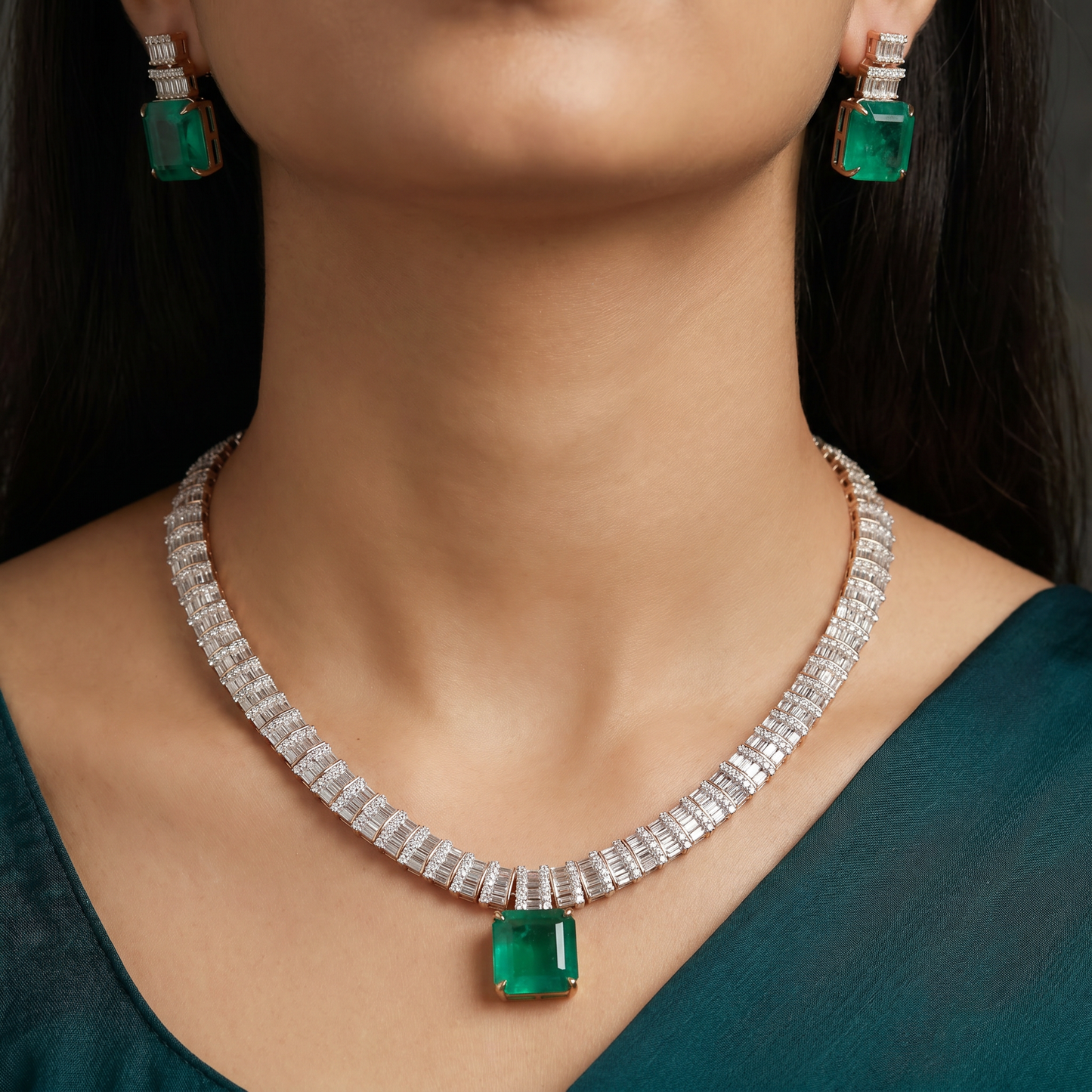 Statement Necklace with Baguette Links and Decorative Pendant