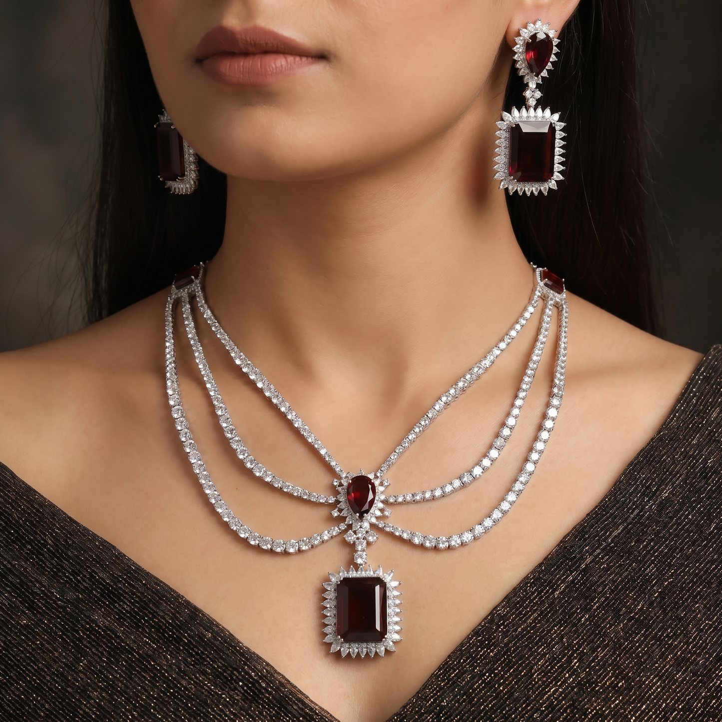 Rhodium Necklace Featuring Geometric Pendants and Triple Strand Construction