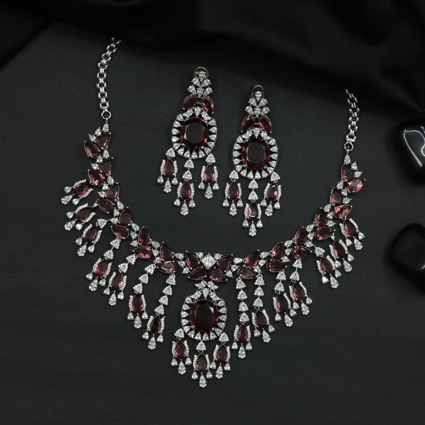 Rhodium Necklace with Leaf Clusters and Decorative Drop Arrangement