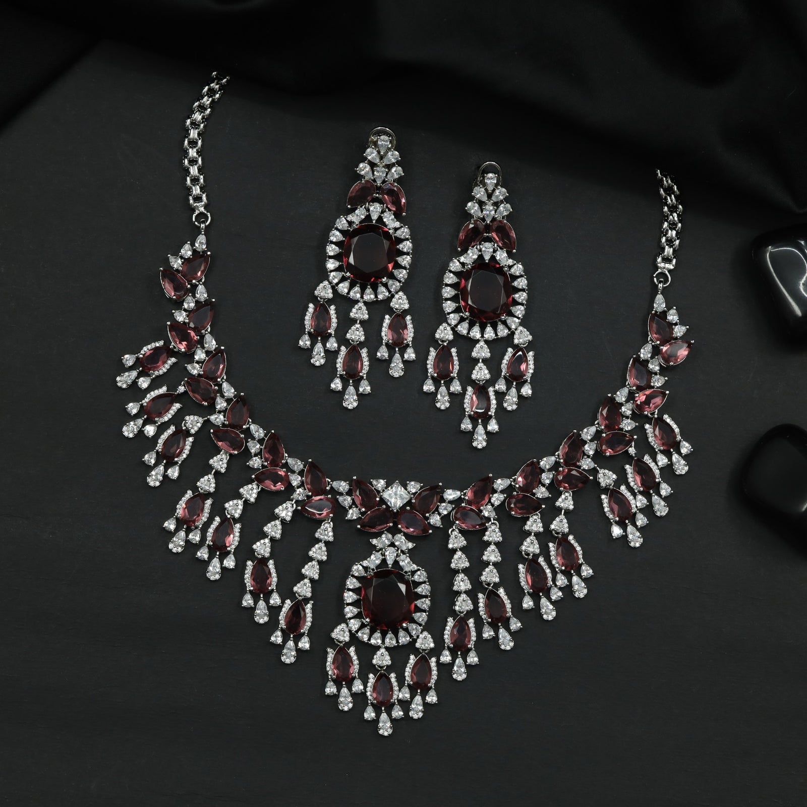 Rhodium Necklace with Leaf Clusters and Decorative Drop Arrangement