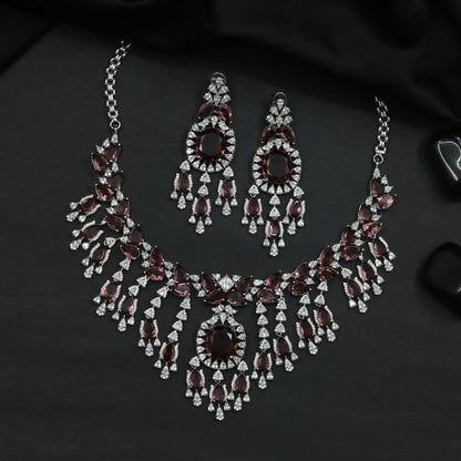 Rhodium Necklace with Leaf Clusters and Decorative Drop Arrangement