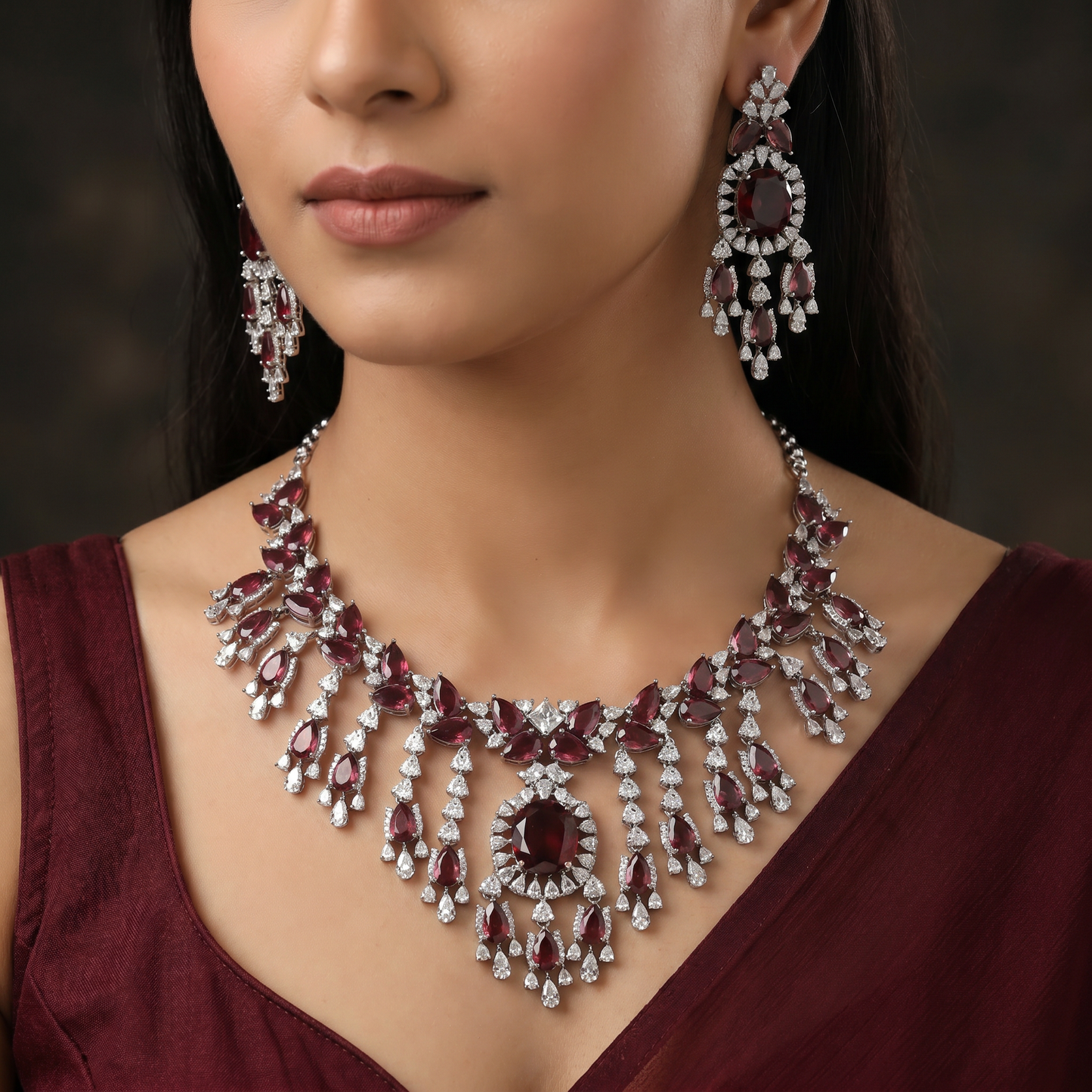 Rhodium Necklace with Leaf Clusters and Decorative Drop Arrangement