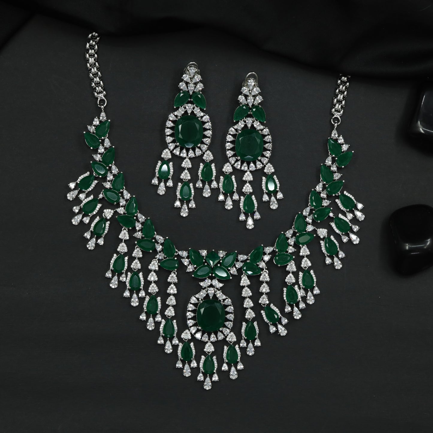 Rhodium Necklace with Leaf Clusters and Decorative Drop Arrangement