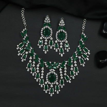 Rhodium Necklace with Leaf Clusters and Decorative Drop Arrangement