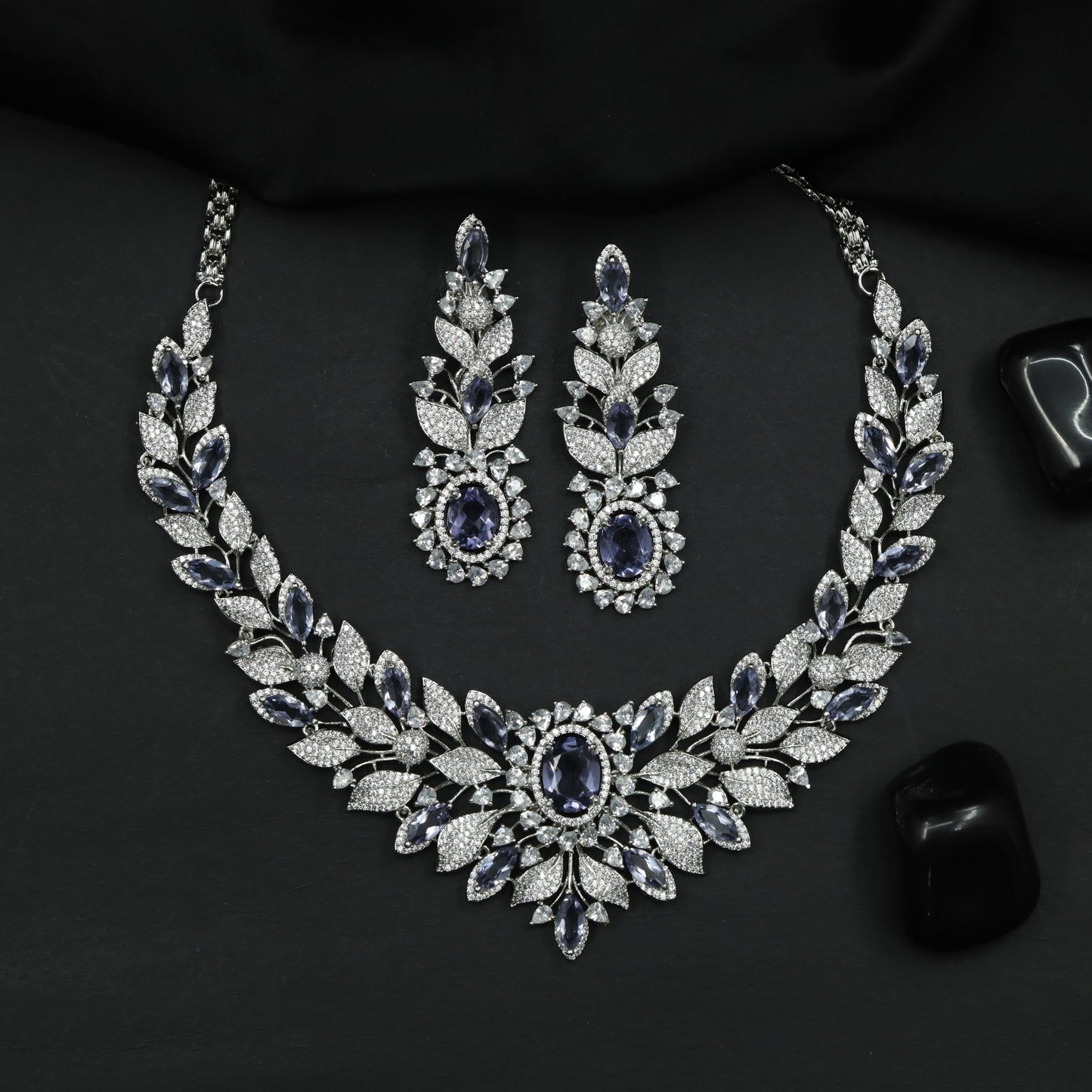 Rhodium Necklace with Leaf Vine Design and Floral Centrepiece