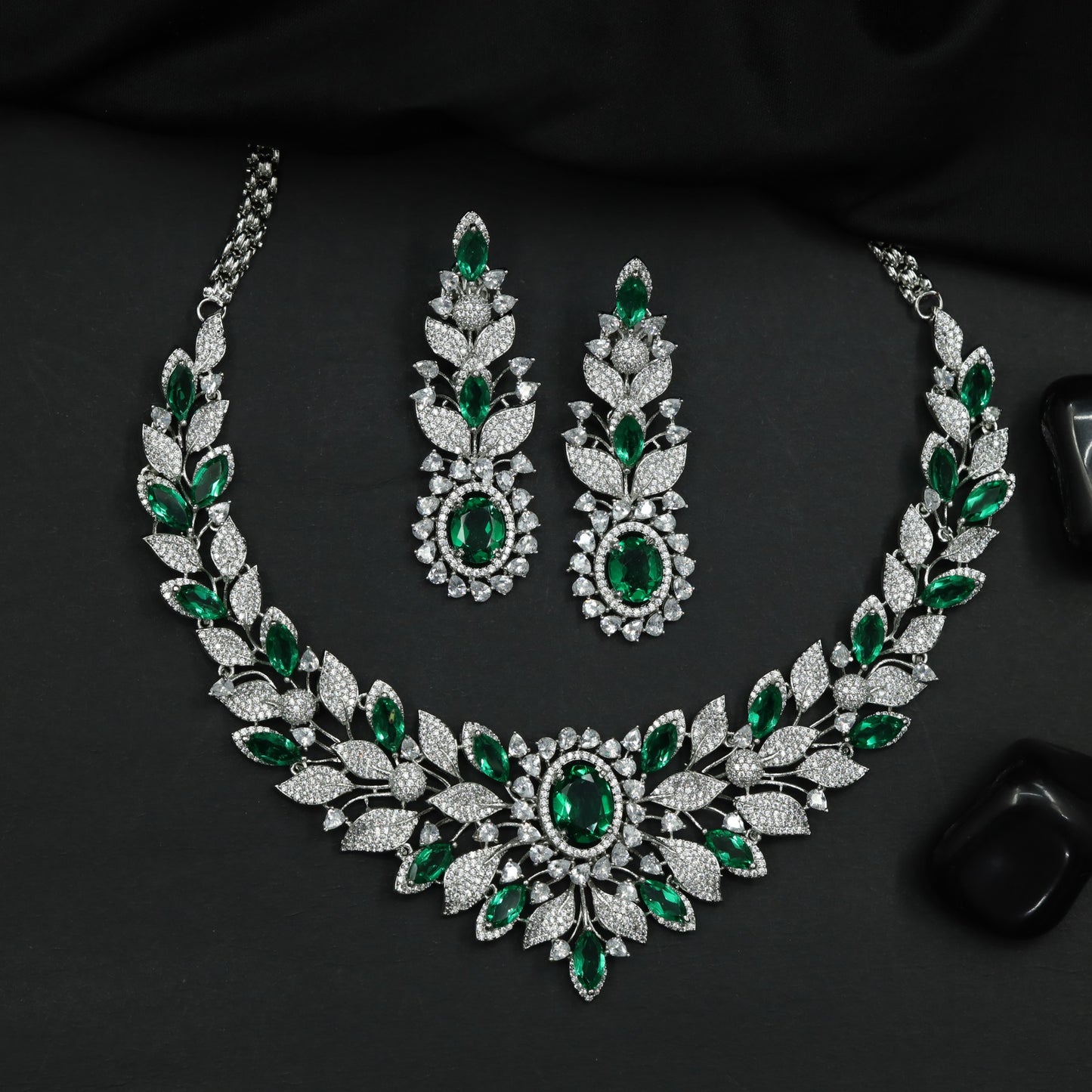 Rhodium Necklace with Leaf Vine Design and Floral Centrepiece