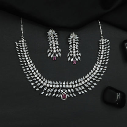 Designer Rhodium Necklace Featuring Cascading Leaf Elements