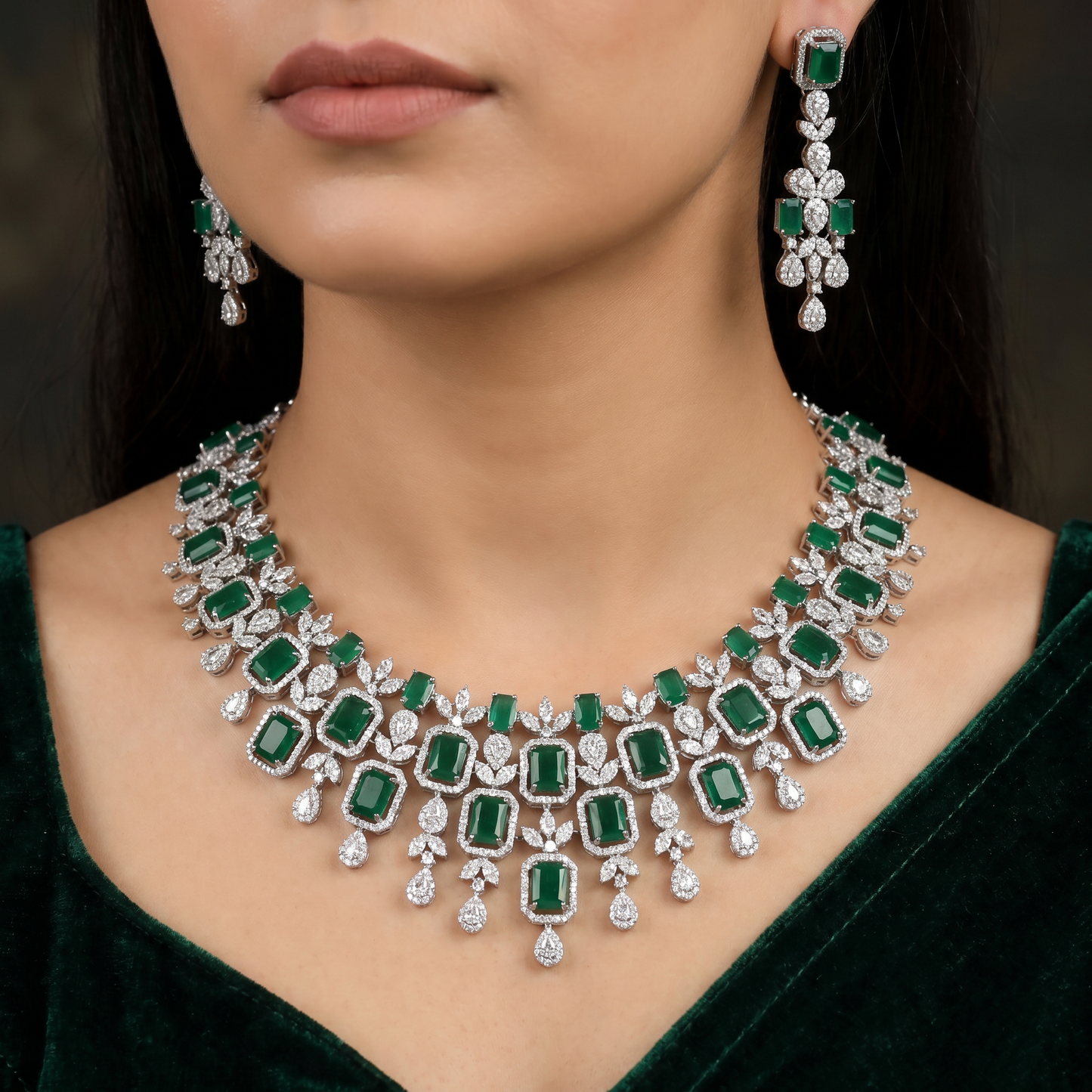 Rhodium Necklace with Decorative Floral Vine and Framed Elements