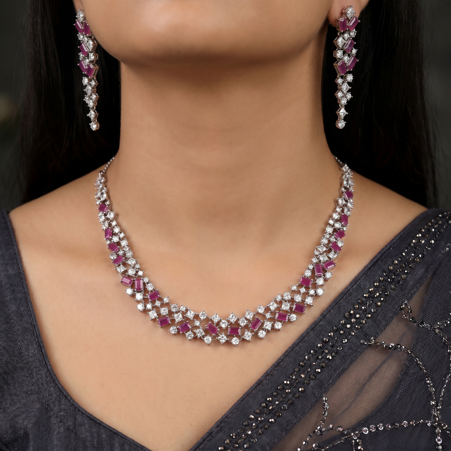 Rhodium Necklace Featuring Graduated Geometric Elements