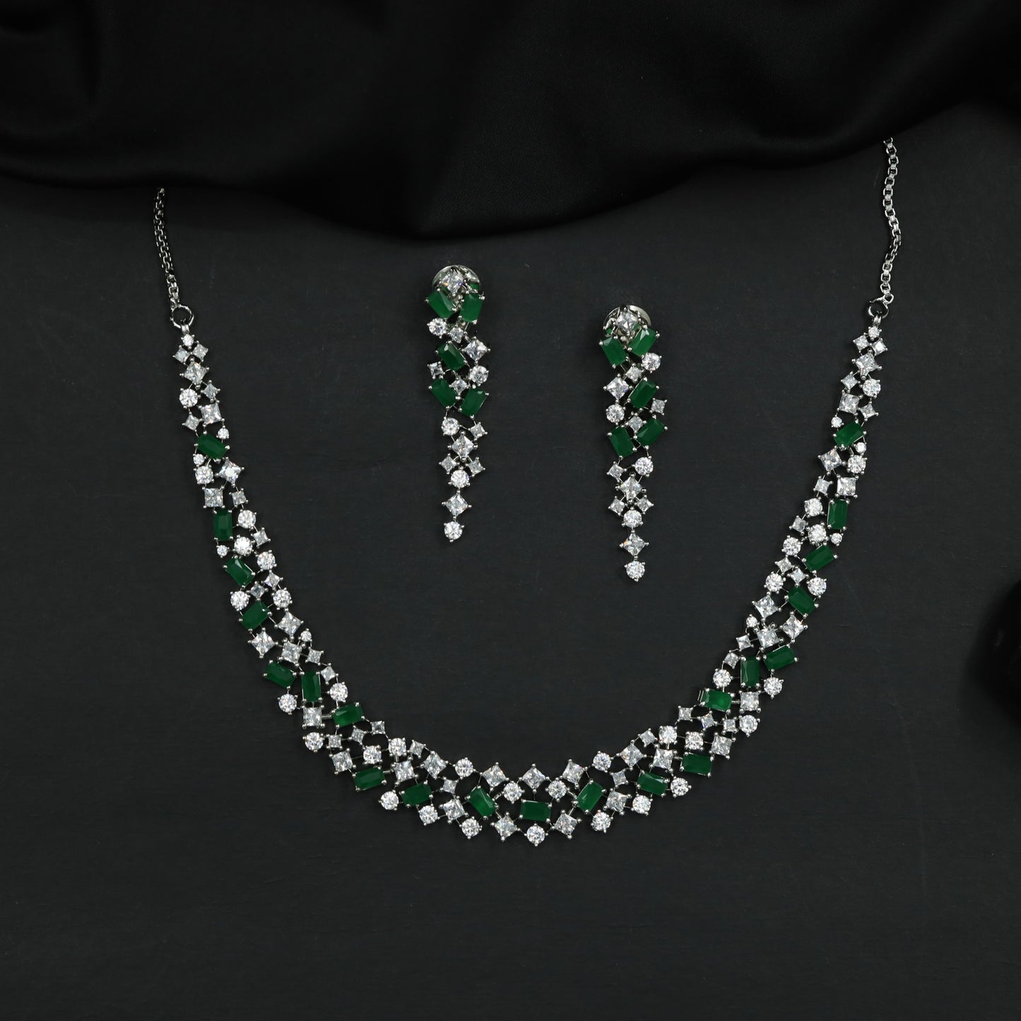 Rhodium Necklace Featuring Graduated Geometric Elements