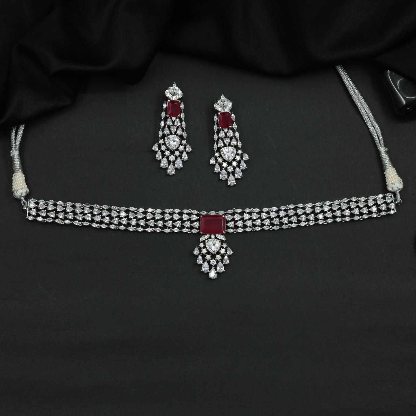 Rhodium Necklace with Multi Row Link Design and Centre Pendant