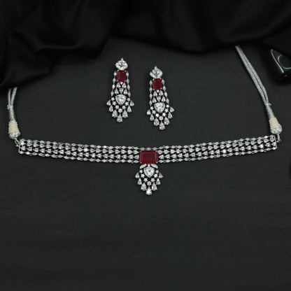 Rhodium Necklace with Multi Row Link Design and Centre Pendant