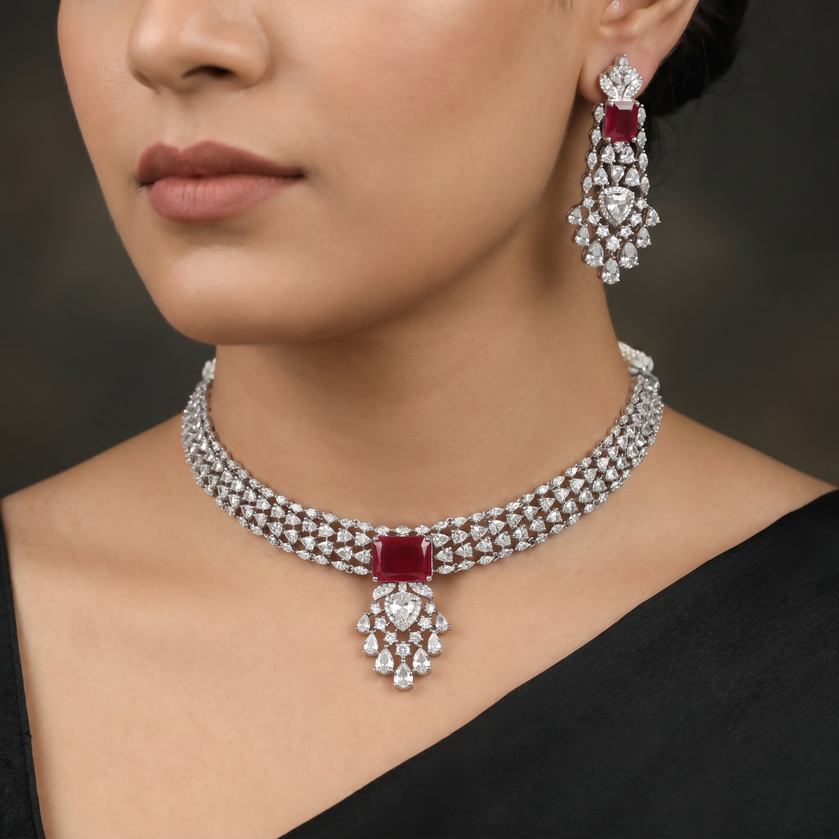 Multi-Row Rhodium Choker Set with Centre Pendant
