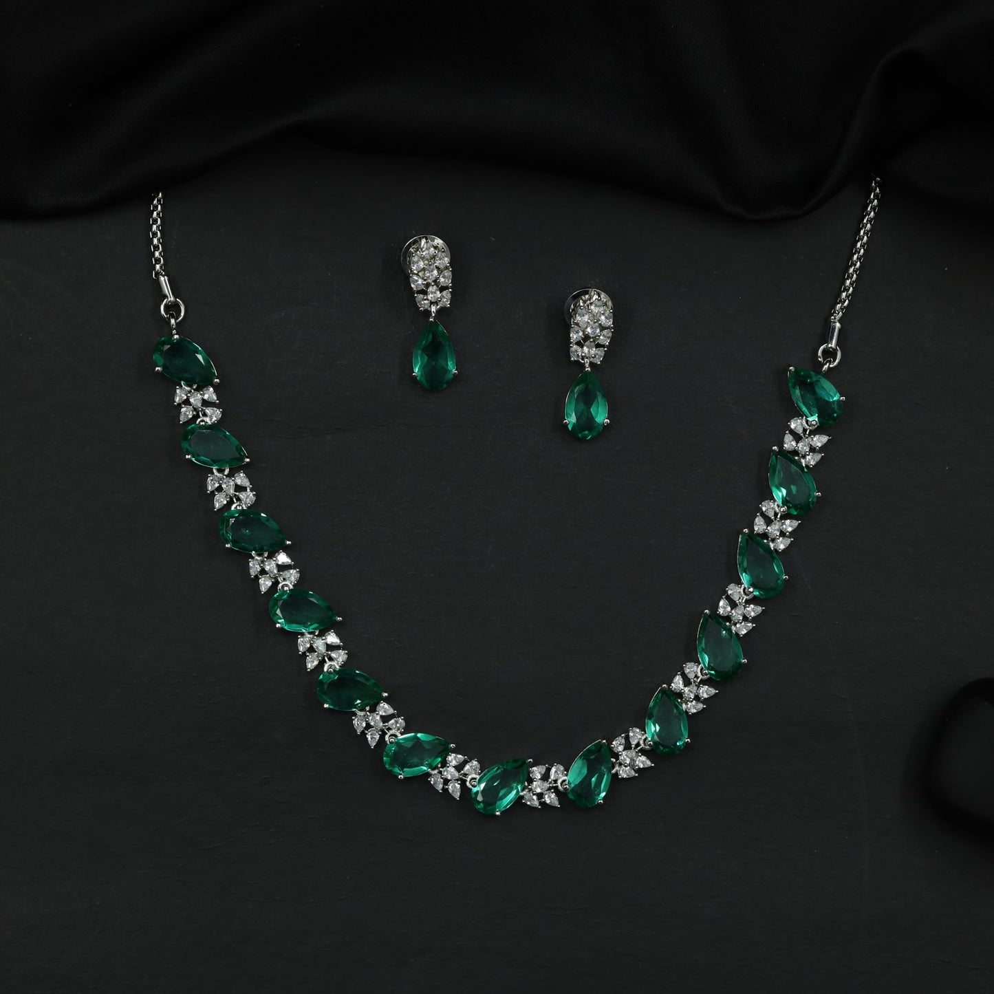Rhodium Necklace Set with Leaf Links and Floral Clusters