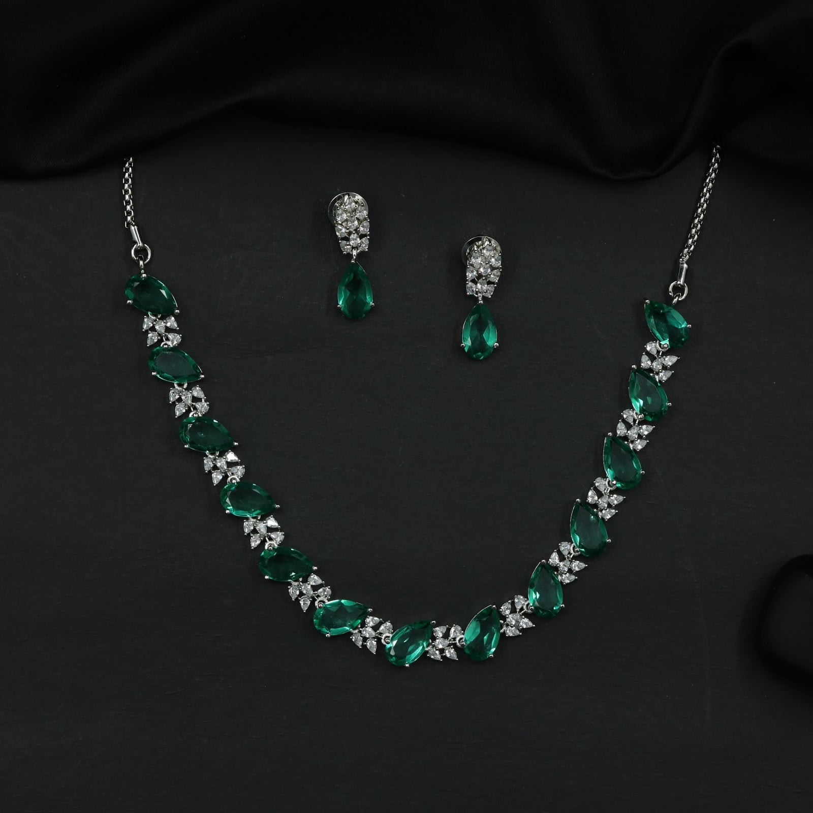 Rhodium Necklace Set with Leaf Links and Floral Clusters