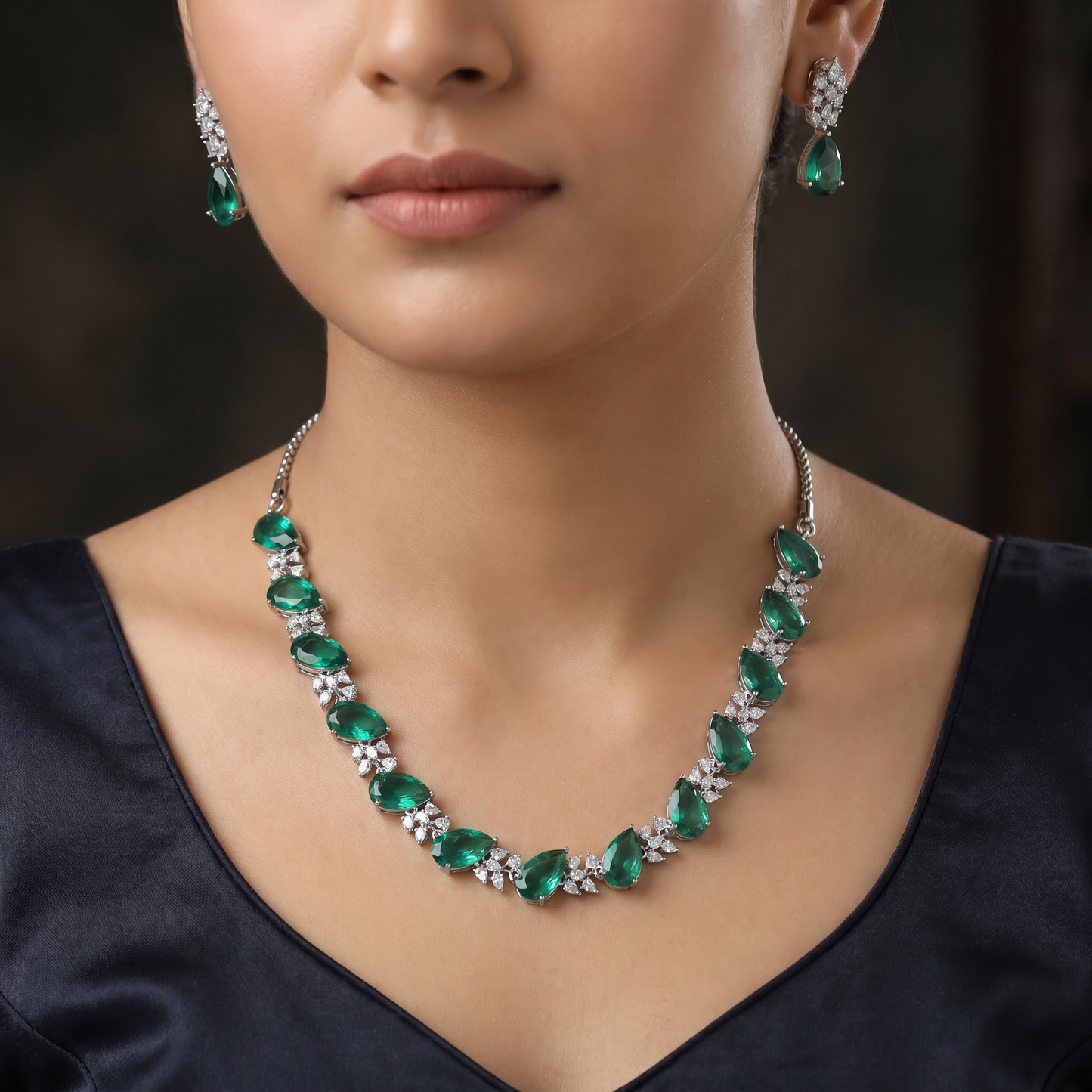 Rhodium Necklace Set with Leaf Links and Floral Clusters