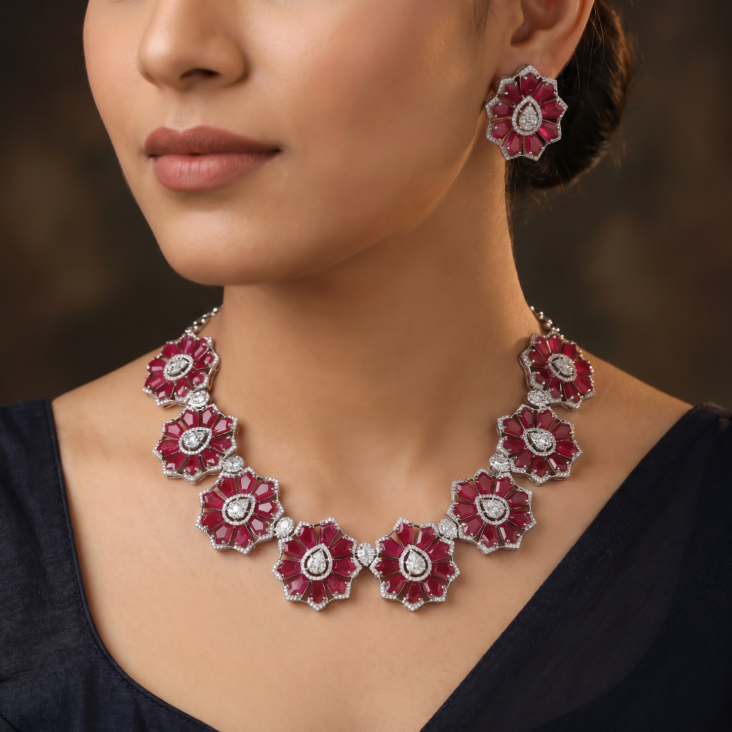 Contemporary Rhodium Necklace with Floral Rosette Pattern