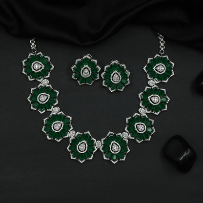 Contemporary Rhodium Necklace with Floral Rosette Pattern