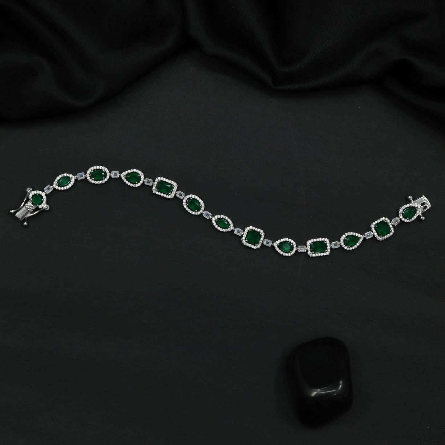 Rhodium Bracelet with Framed Cushion Links and Leaf Details