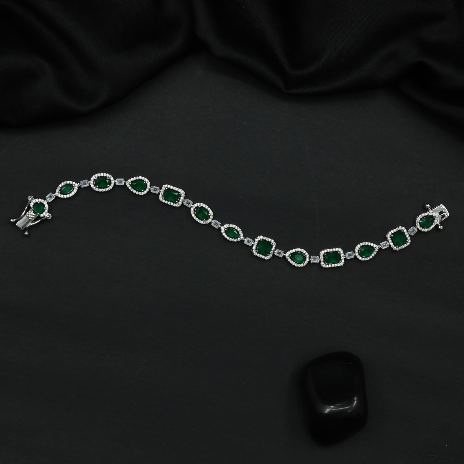 Rhodium Bracelet with Framed Cushion Links and Leaf Details