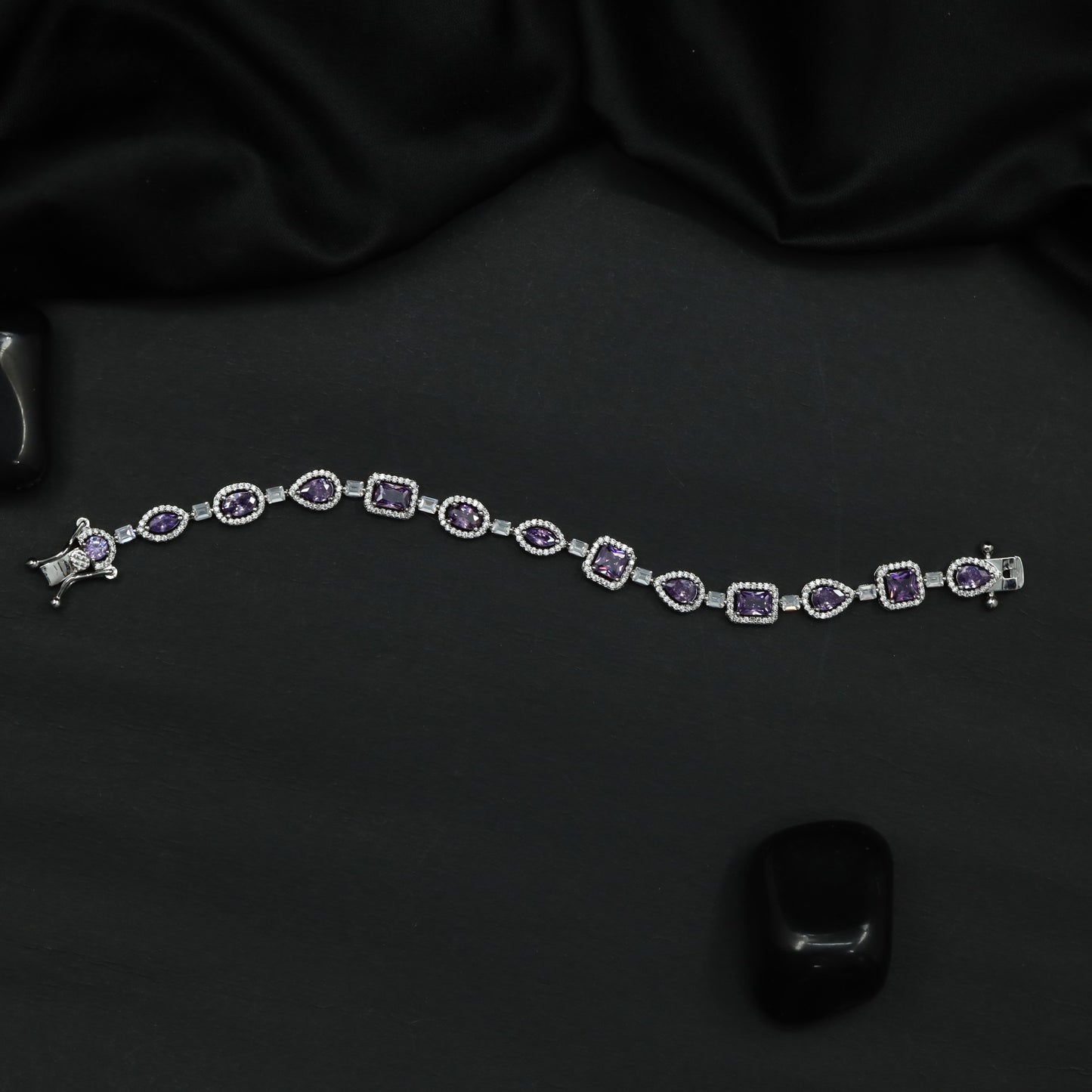 Rhodium Bracelet with Framed Cushion Links and Leaf Details