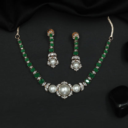 Pearl Centre Rhodium Necklace Set with Floral Link Design