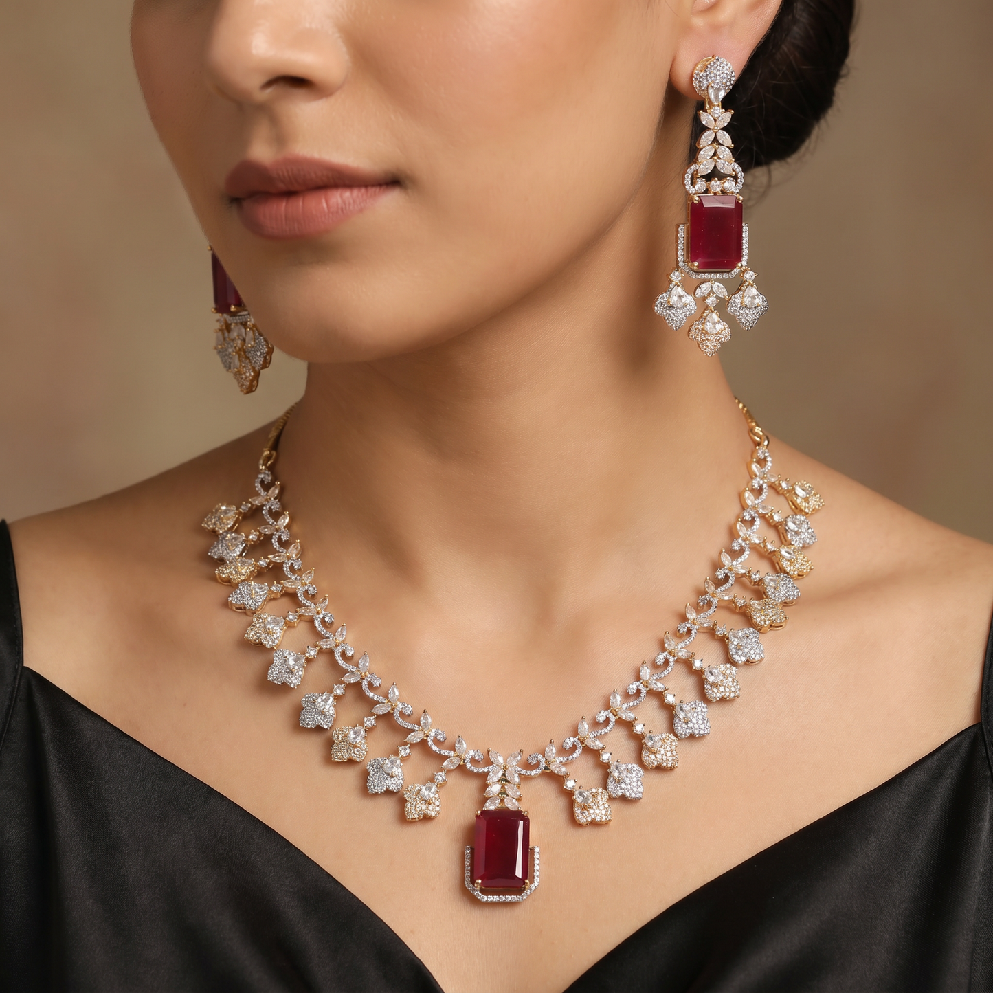 Crystal Fringe Necklace with Geometric Pendant Centerpiece