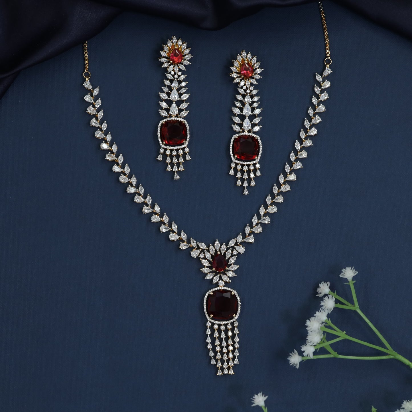 Contemporary Rhodium Necklace with Sunburst Drop Pendant