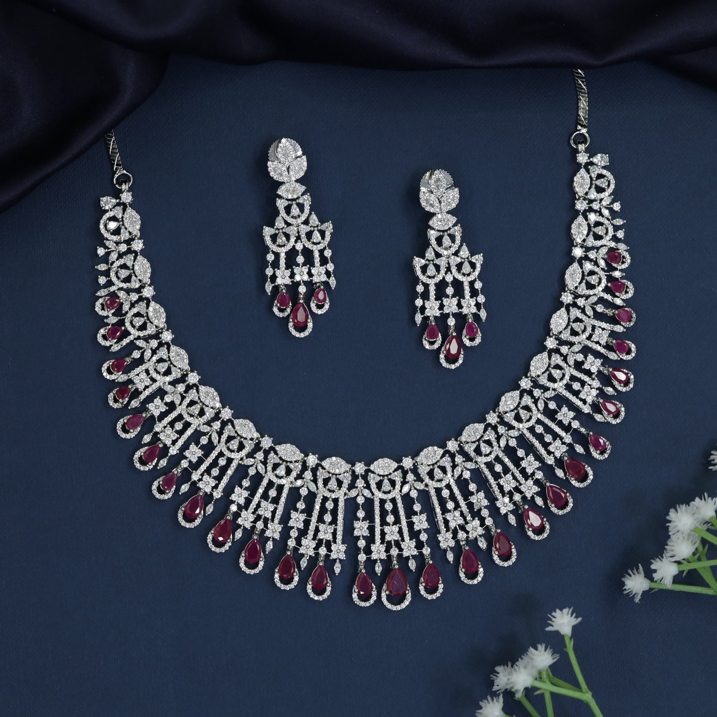 Floral Medallion Necklace with Cascading Drop Accents