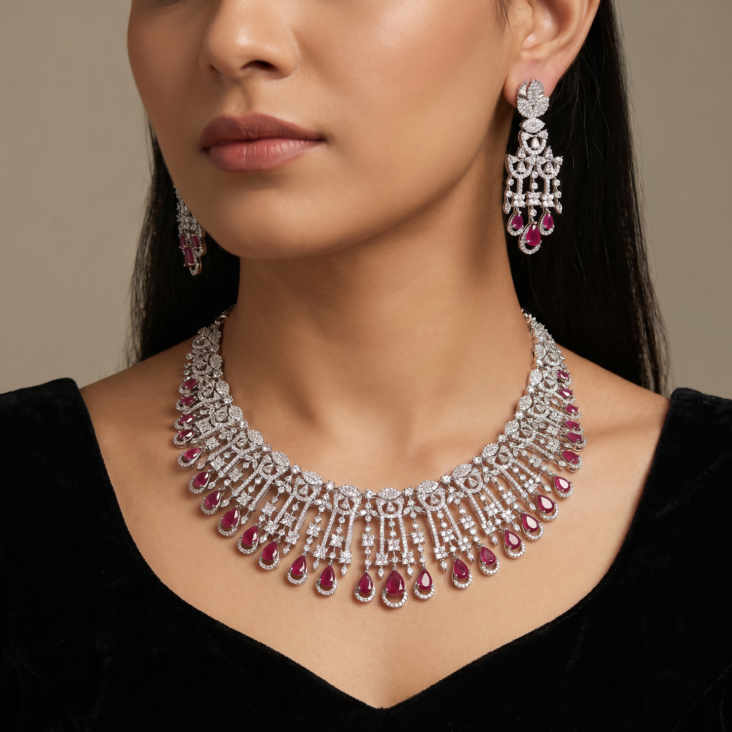 Floral Medallion Necklace with Cascading Drop Accents