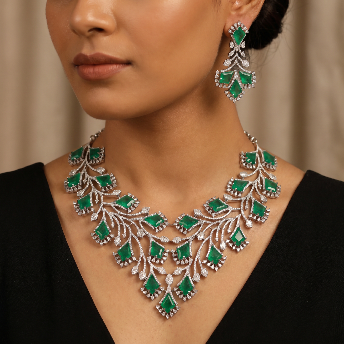 Leaf link rhodium necklace with cascading branch design