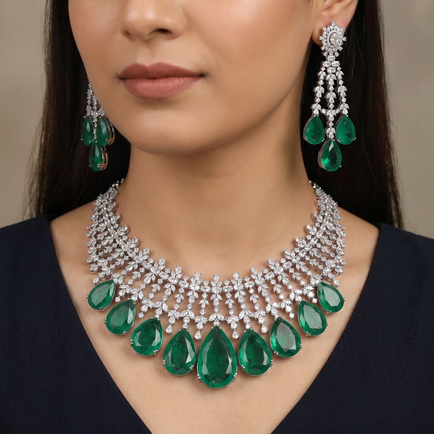 Teardrop frame rhodium necklace with scalloped neckline design