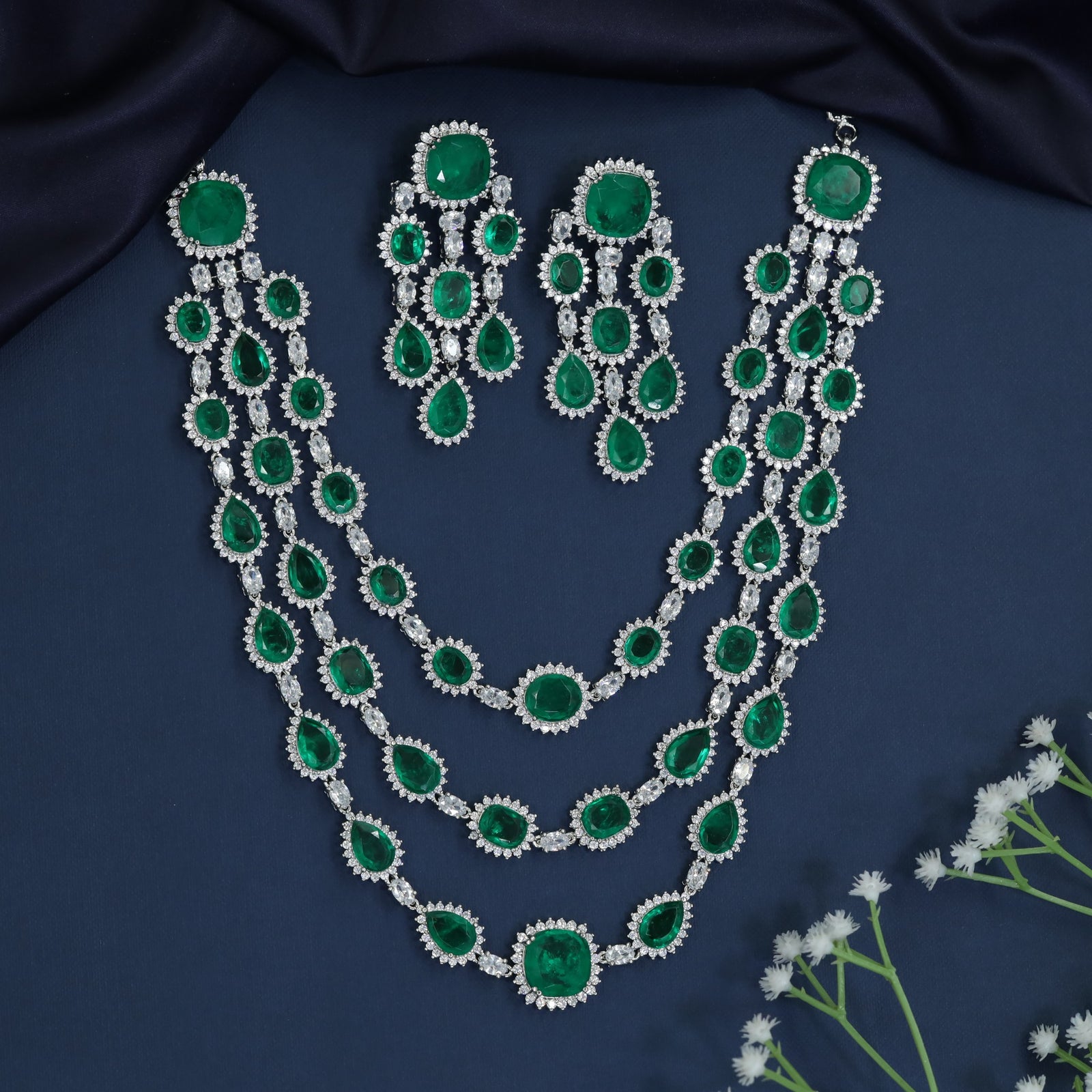 Grand occasion rhodium necklace with draped medallion arrangement