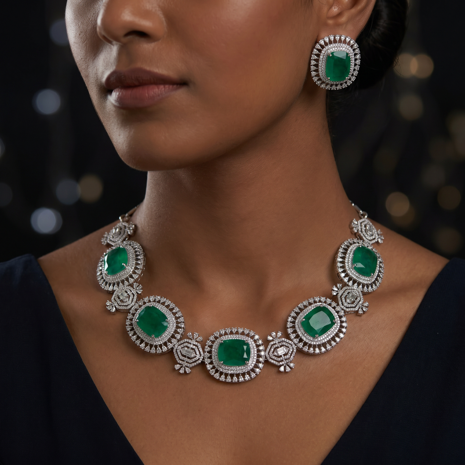 Rhodium necklace with articulated medallion link construction