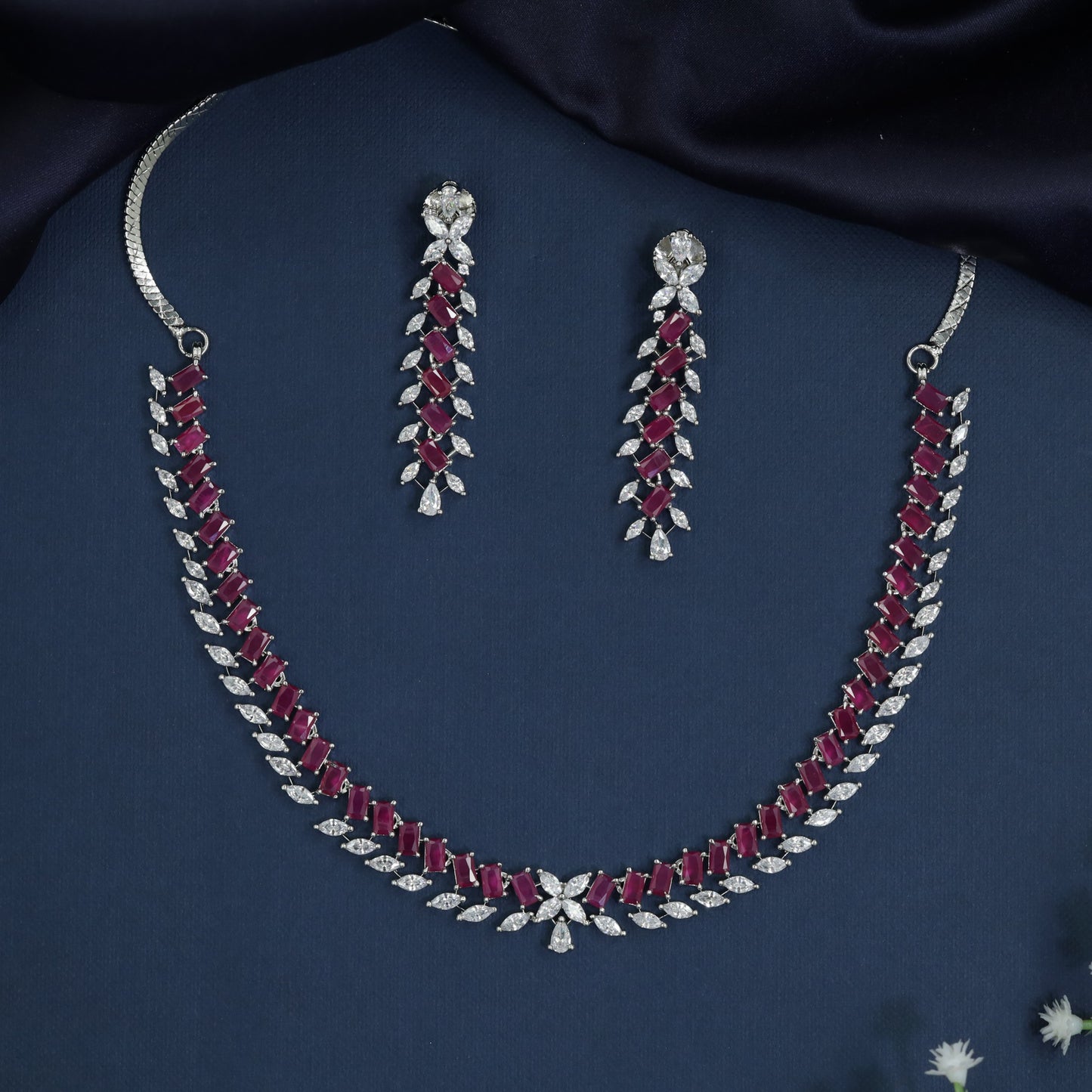 Rhodium Necklace with Chevron Formation and Botanical Edgework
