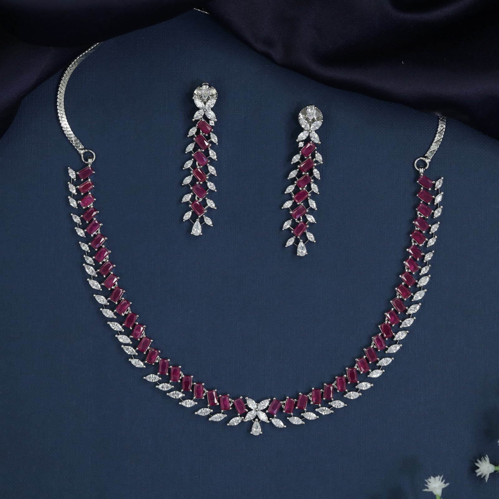 Rhodium Necklace with Chevron Formation and Botanical Edgework