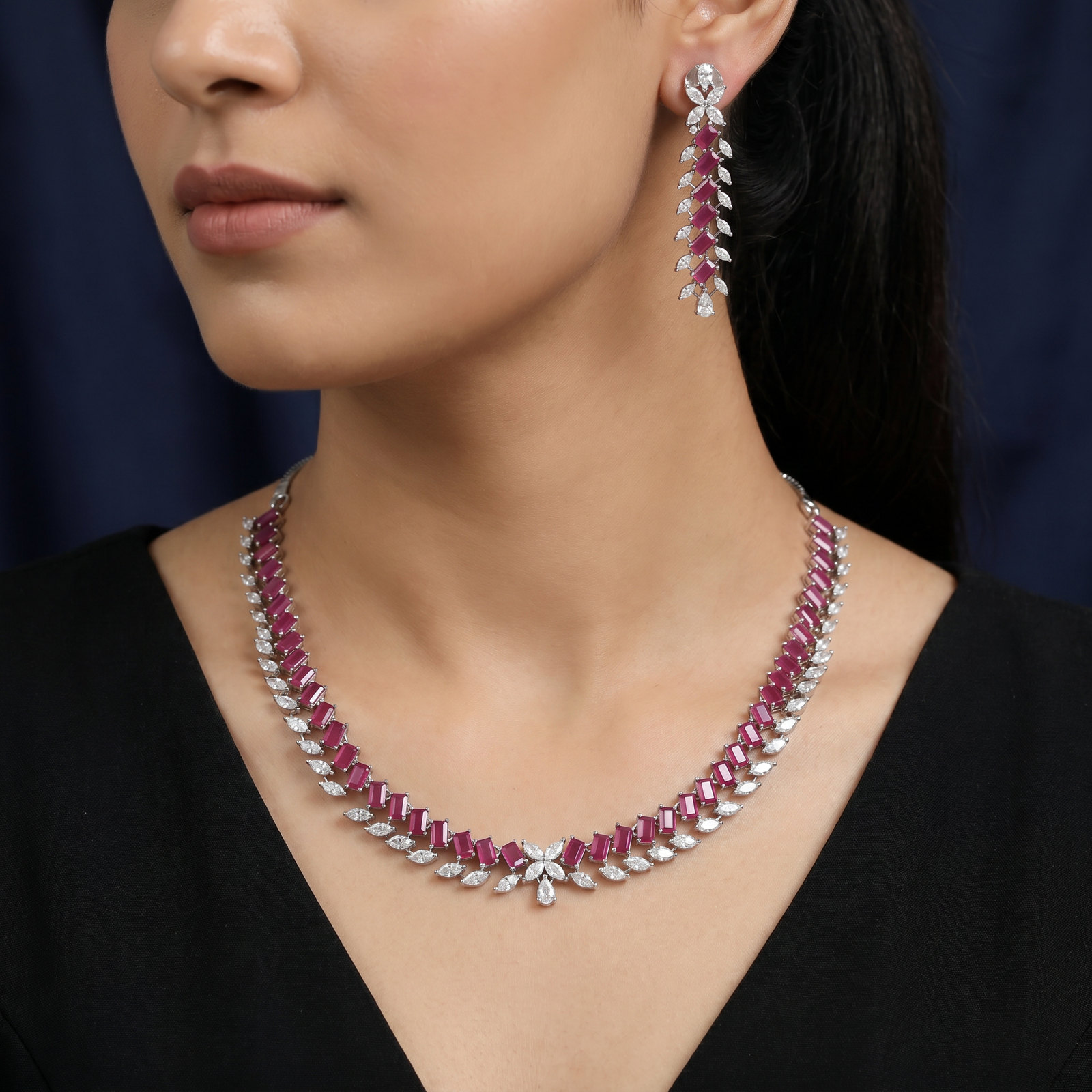 Rhodium Necklace with Chevron Formation and Botanical Edgework