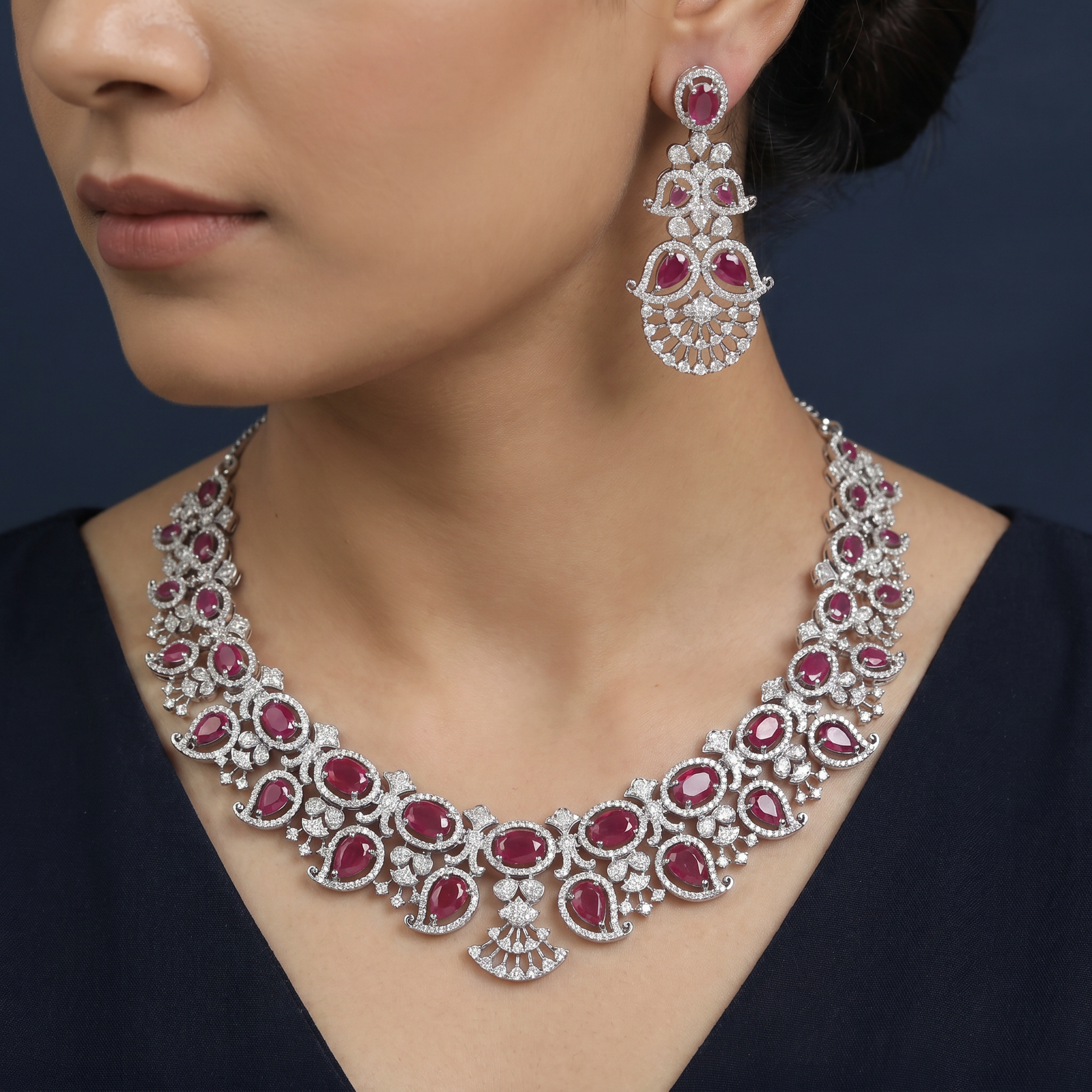 Rhodium Necklace with Medallion Link Construction and Festoon Elegance